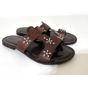 Sundance Italy Made Studded Turquoise Silver Leather Shoes Slides Size 40 8.5